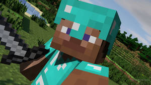 Minecraft玩家穿著鑽石盔甲在草地生態系中拿著鎬。 — 我的世界 鑽石 壁紙