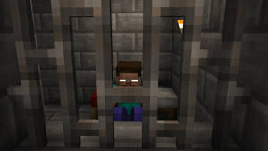 Minecraft角色在石頭監獄牢房裡，眼睛發光，火炬。 — 電玩遊戲 GIF 壁紙