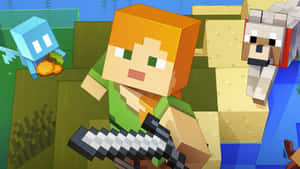 Minecraft玩家持劍站在羊和蠑螈旁邊的方塊世界 — 我的世界 壁紙