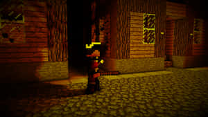 Minecraft角色在夜晚的木造村莊中手持火炬 — 海盜 壁紙