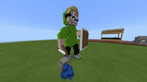 Minecraft角色戴著骷髏面具，在草地上手持盾牌和劍。