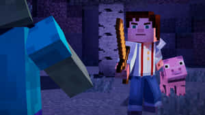 Minecraft玩家與豬在洞穴中手持火炬 — 我的世界 壁紙
