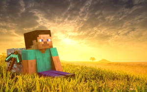 Minecraft角色坐在草地上，夕陽下手持鑽石劍。 — 我的世界 壁紙