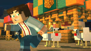 Minecraft角色在色彩繽紛的村莊中跑過雞群。 — 我的世界 壁紙