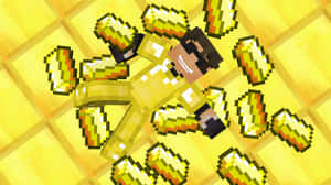 Minecraft角色穿著金色盔甲躺在金色方塊上，周圍有漂浮的金錠。 — 我的世界 壁紙