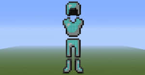 像素化的Minecraft角色穿著青色盔甲站在藍天下的草地上 — 我的世界 鑽石 壁紙