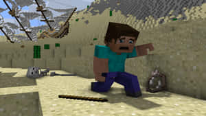 沙漠洞穴中的Minecraft角色躲避墜落的沉船。 — 我的世界 壁紙