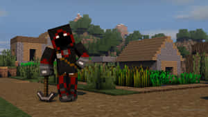 穿著紅黑盔甲的Minecraft角色站在一個有方塊房屋和綠植的村莊裡。 — 1600x900 壁紙