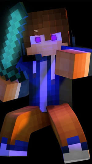 Minecraft角色在黑暗背景中拿著鑽石劍 — 我的世界 壁紙