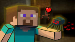 Minecraft角色在黑暗的地牢中拿著一隻帶有漂浮心的蜘蛛。