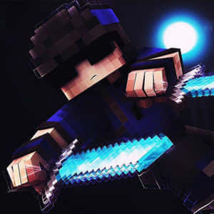 像素化Minecraft角色在明亮的月亮下拿著發光的藍色劍。 — 我的世界 壁紙
