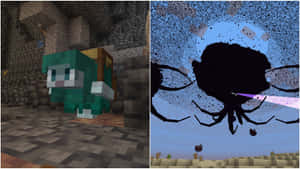 Minecraft角色和巨型蜘蛛在方塊狀的水下洞穴場景中。 — 可愛 Minecraft 壁紙