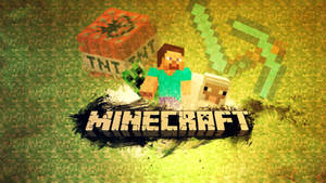 Minecraft標誌，帶有像素化角色和羊，背景為綠色方塊狀。 — 我的世界 壁紙