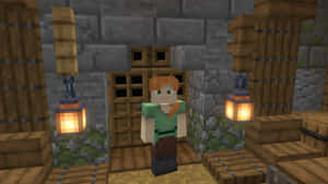 Minecraft角色在石門口中帶有發光掛燈 — 我的世界苦力怕 壁紙