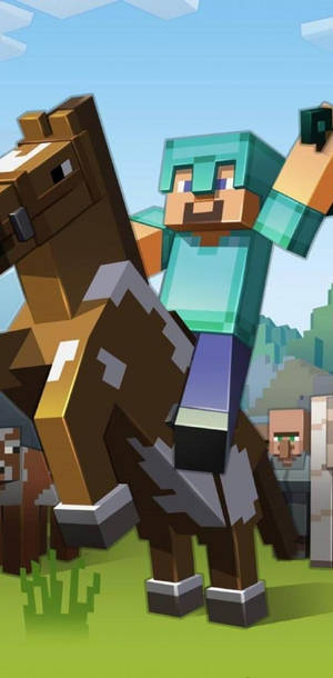 Minecraft玩家在草地上騎馬，背景有其他角色。 — 我的世界 壁紙