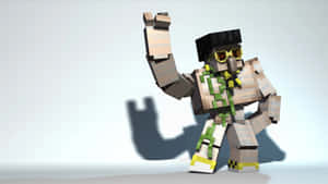 像素化Minecraft角色戴著太陽眼鏡和綠色圍巾揮手。 — 可愛 Minecraft 壁紙