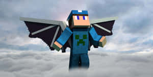 擁有蝙蝠翅膀的Minecraft角色在雲端上飛翔。 — 我的世界 壁紙