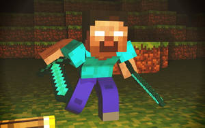 Minecraft角色在草地生物群落中手持鑽石劍和盾牌。 — 我的世界 壁紙