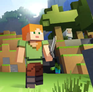 Minecraft角色在像素化森林中手持劍，旁邊有羊和殭屍。 — 我的世界苦力怕 壁紙