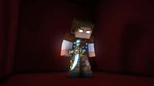 Minecraft角色在暗紅色洞穴中手持鑽石劍 — 我的世界苦力怕 壁紙