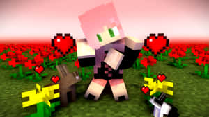 Minecraft角色在一片紅花田中，周圍漂浮著愛心。 — 我的世界苦力怕 壁紙