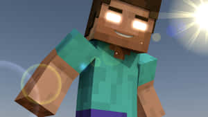 在明亮的陽光下微笑的Minecraft角色，眼睛發光。