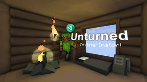 像素化Minecraft角色在木屋中，有壁爐和電視顯示Unturned標誌 — 電玩遊戲 GIF 壁紙