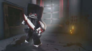 像素化Minecraft殺手在黑暗鬧鬼的房間裡拿著血淋淋的刀，有燭光和塗鴉。 — 黑白小丑 壁紙