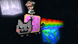 像素女孩騎著Nyan Cat穿越太空，帶有彩虹軌跡和漂浮方塊。 — 彩虹貓 壁紙