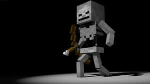 像素化的Minecraft骷髏在黑暗舞台的聚光燈下手持弓箭。 — 骷髏迷因 壁紙