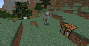 Minecraft骷髏在草地生物群落中，有儲物箱和樹木 — 骷髏迷因 壁紙