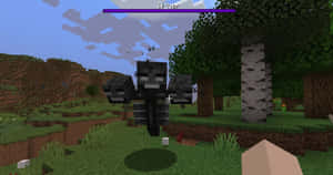 一個像素化的凋零怪首領在Minecraft的森林生物群落中，有白樺樹和山丘。 — 我的世界苦力怕 壁紙