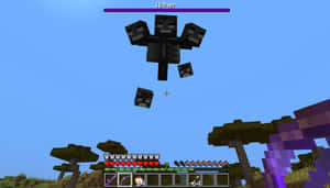 玩家在Minecraft中面對凋零怪首領，生命值和物品欄可見。 — 我的世界苦力怕 壁紙
