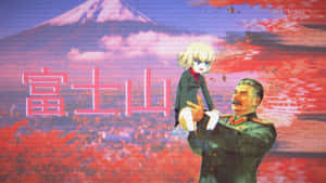 動漫女孩和蘇聯將軍在像素化數位藝術中，背景為富士山。 — 動畫女孩 壁紙
