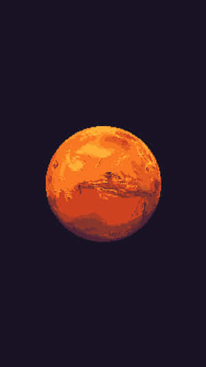 像素化火星在深紫色太空背景下發出橙色光芒 — 火星人布魯諾 壁紙