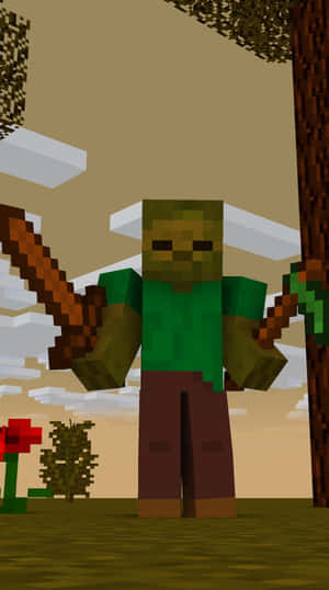 Minecraft中的殭屍角色在像素化森林中手持木劍。 — 我的世界苦力怕 壁紙