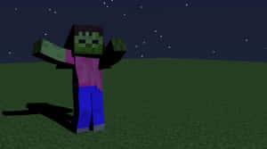 一個 Minecraft 殭屍在星空夜空下，站在草地上張開雙臂。 — 我的世界苦力怕 壁紙