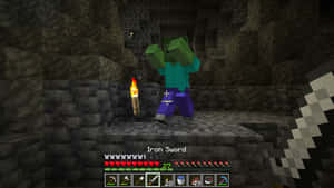 玩家在Minecraft洞穴中用鐵劍與殭屍戰鬥。 — 我的世界迷因 壁紙
