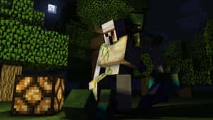 Minecraft森林夜晚中的殭屍，伴隨著發光的月亮和星星 — 可愛 Minecraft 壁紙
