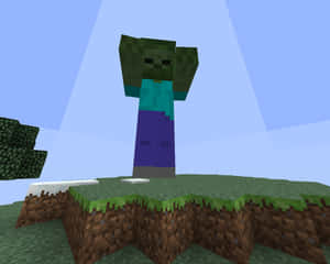 一個 Minecraft 殭屍站在草方塊上，背景是藍天。 — 我的世界苦力怕 壁紙