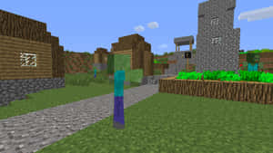 Minecraft 村莊中的殭屍，有木屋和石塔 — 我的世界苦力怕 壁紙