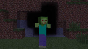 一個Minecraft殭屍站在一個像素化世界的黑暗洞穴入口。 — 我的世界 史蒂夫 壁紙
