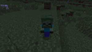 夜晚草地上的一個Minecraft殭屍，伴隨著發光的蘑菇和紅石磚。 — 殭屍動圖 壁紙