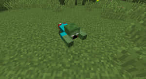 一個Minecraft殭屍躺在綠色草地上的像素化遊戲世界。 — 我的世界迷因 壁紙