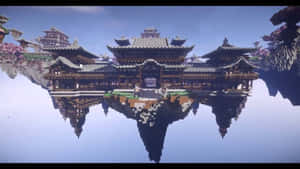 漂浮像素化寺廟倒映在水中，藍天之下 — 最佳我的世界 壁紙