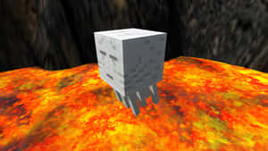 在Minecraft遊戲場景中，一個灰色像素地獄幽靈漂浮在熔岩場上方。 — 我的世界苦力怕 壁紙