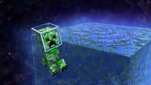 漂浮方塊上的綠色像素爬行者，星空宇宙 — 可愛 Minecraft 壁紙