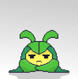像素化綠色卡通生物，葉子耳朵，皺眉向下看。 — 電玩遊戲 GIF 壁紙