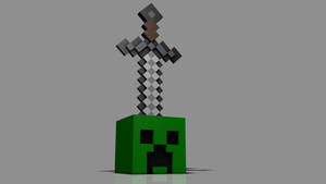 灰色背景上，被鑽石劍刺穿的綠色Minecraft苦力怕頭顱。 — 鬼滅之刃面具 壁紙