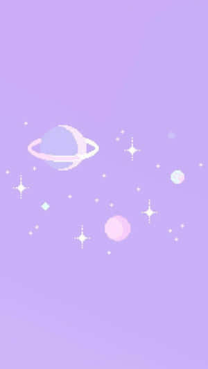 像素化薰衣草太空，有環狀行星、星星和發光球體。 — 淺紫色系美學 壁紙